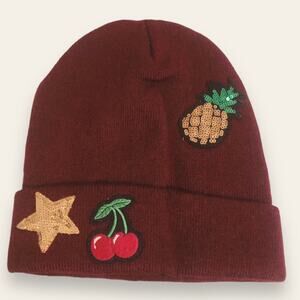 NWT Arizona Jean Co Sequin & Embroidered Burgundy Red Patch Beanie Hat